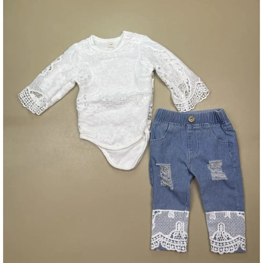 Baby Girl Lace Bodysuit Jeans Outfit Set Size 70 Distressed Denim EUC